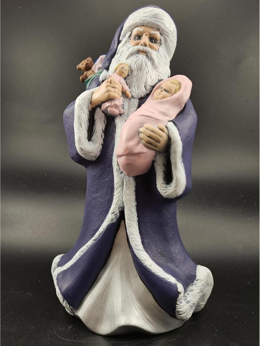 Ceramic Santa Figurine Purple Robe with Baby Christmas Decor Hand Painted 8.5 H.